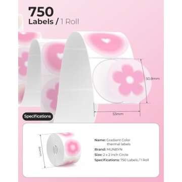 MUNBYN 2 Inch Pink Circle Thermal Labels, 6 Different Designs in 1 Roll, Round Thermal Label Sticker...