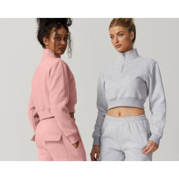 QINSEN Women's High Neck Fleece Crop Sweatshirt - Athleisure Fit