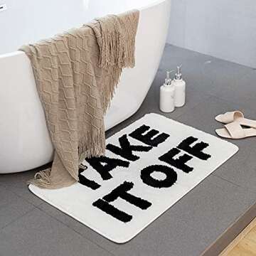 ABOUND LIFESTYLE Bath Mat, Cute Bath Mat, Fade Resistant Cute Bathroom Decor, Funny Tufted Microfiber Bath Rug, Machine Washable, Extra Large Bath Mat, Non-Slip (32”x20”) (Take It Off)