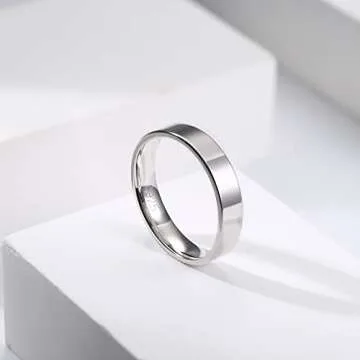 MILACOLATO S925 Sterling Silver Rings for Women Men 18K White Gold Plated Stackable Statement Thin Plain Thumb Ring High Polished Wedding Band Ring Comfort Fit Size 7, 4mm