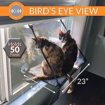 K&H Pet Products EZ Mount Cat Window Perch for Large Cats, Sturdy Kitty Sill Window Hammock Bed, Steel Frame, Sturdy Suction Cups, Washable Shelf Cover, Foldable - Fits 27"W X 23"H Glass Spaces