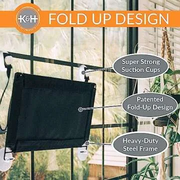 K&H Pet Products EZ Mount Cat Window Perch for Large Cats, Sturdy Kitty Sill Window Hammock Bed, Steel Frame, Sturdy Suction Cups, Washable Shelf Cover, Foldable - Fits 27"W X 23"H Glass Spaces