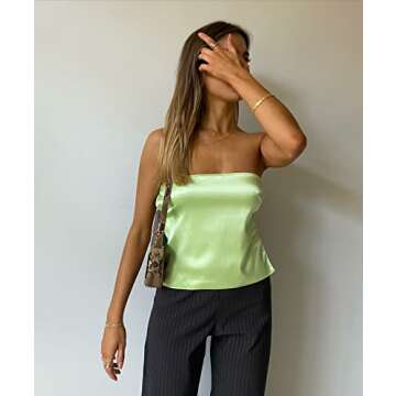 KMBANGI Strapless Crop Top for Women Satin Backlesss Tie Up Tube Top Sleeveless Bandeau Bustier Tops Aesthetic Clothes