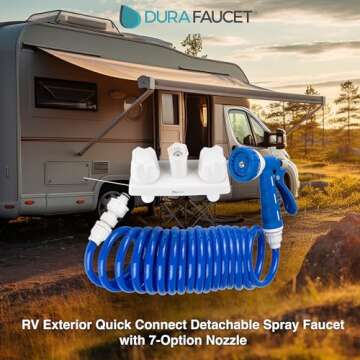 Dura Faucet DF-SA186-WT RV Exterior Quick Connect Detachable Spray Faucet with 7-Option Nozzle (White/Blue)