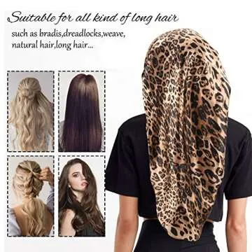 Satin Silky Braids Bonnet 2 Pack Breathable Soft and Elastic Black Leopard Long Hair Cap, Large For Women