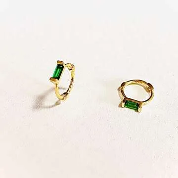 HMYDPH 925 Sterling Silver Gold Huggie Earrings, Small Cuff Green CZ Gold Plated Cartilage Hoop Earrings for Women Girls Hypoallergenic Fashion Gift