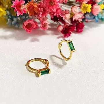 HMYDPH 925 Sterling Silver Gold Huggie Earrings, Small Cuff Green CZ Gold Plated Cartilage Hoop Earrings for Women Girls Hypoallergenic Fashion Gift