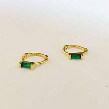 HMYDPH 925 Sterling Silver Gold Huggie Earrings, Small Cuff Green CZ Gold Plated Cartilage Hoop Earrings for Women Girls Hypoallergenic Fashion Gift