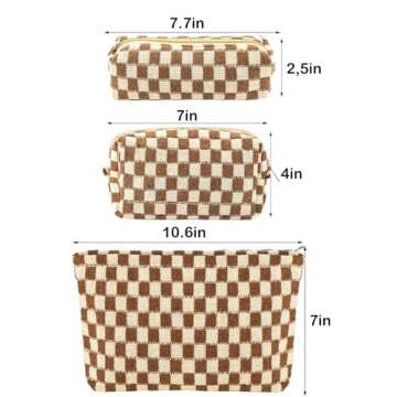 ZLFSRQ 3Pcs Checkered Makeup Bag for Women Large Cosmetic Bag Set Travel Toiletry Bag Makeup Pouch Bag for Purse Brown Zipper Storage Bag Organizer Cute Small Aesthetic Girls Car Essentials Bag