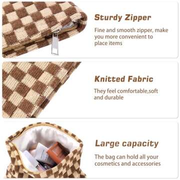 ZLFSRQ 3Pcs Checkered Makeup Bag for Women Large Cosmetic Bag Set Travel Toiletry Bag Makeup Pouch Bag for Purse Brown Zipper Storage Bag Organizer Cute Small Aesthetic Girls Car Essentials Bag