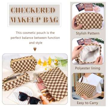 ZLFSRQ 3Pcs Checkered Makeup Bag for Women Large Cosmetic Bag Set Travel Toiletry Bag Makeup Pouch Bag for Purse Brown Zipper Storage Bag Organizer Cute Small Aesthetic Girls Car Essentials Bag