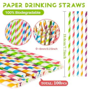 MAQIHAN 100PCS Stripe Drinking Straws - Disposable Straws 7.7 Inch Small Colourful Agave Kraft Paper...