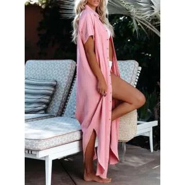 Herseas Women's Summer Beach Button Down Dress Kimonos Cardigan Cover Up in Pink