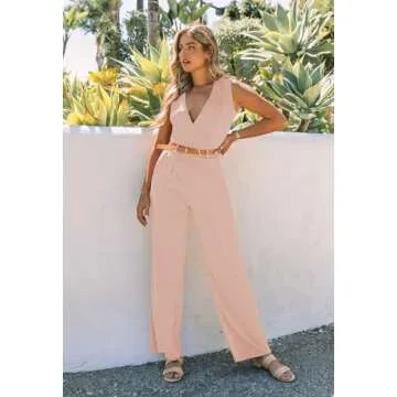 Pink Queen Jumpsuits for Women Dressy Wedding Formal Wrap V Neck Wide Leg Long Pants Rompers Apricot M