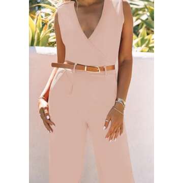 Pink Queen Jumpsuits for Women Dressy Wedding Formal Wrap V Neck Wide Leg Long Pants Rompers Apricot M
