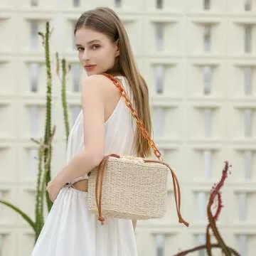 Herald Handmade Straw Crossbody Bag for Women, Chic Woven Drawstring Bucket Handbag Shoulder Purse w...