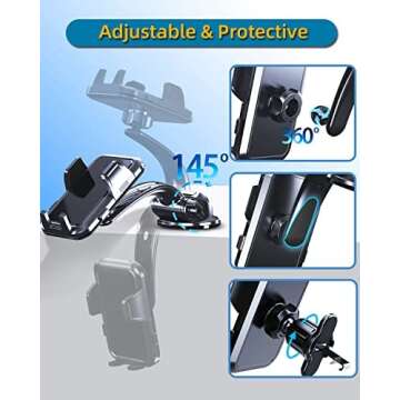 YFYYF Phone Mount for Car Phone Holder Mount for Dashboard Windshield Vent, Military Grade Suction & Metal Hook, Handsfree Stand Cell Phone Holder Car Accessories for iPhone