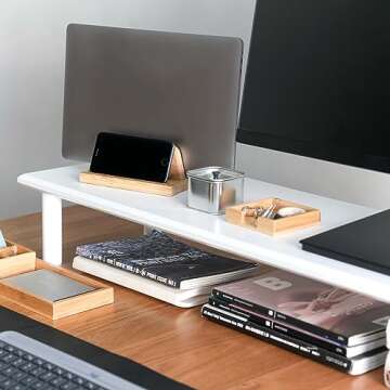 ROCDEER Bamboo Dual Monitor Stand Riser White, Desk Monitor Riser for 2 Monitors, Supports for PC Co...