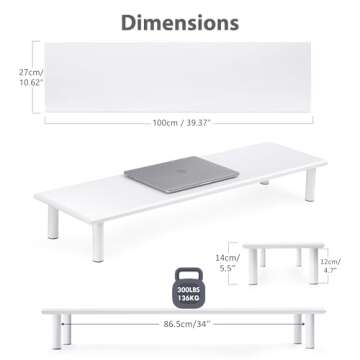 ROCDEER Bamboo Dual Monitor Stand Riser White, Desk Monitor Riser for 2 Monitors, Supports for PC Computer Monitor, Printer, Heavy TV Riser up to 300 lbs, White