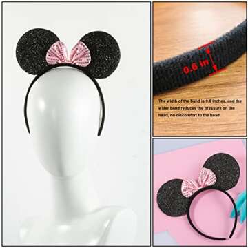 CHuangQi Mouse Ears Solid Black and Pink Sequins Bow, Set of 12