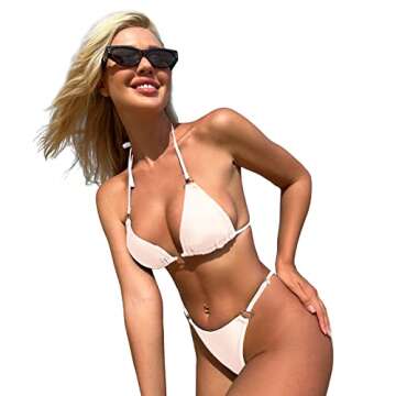MIKETAI Sexy Bikinis for Women 2 Piece Bikini Spaghetti Strap Swimsuits Solid Color Bathing Swimwear Triangle Bathing Suit (White S)
