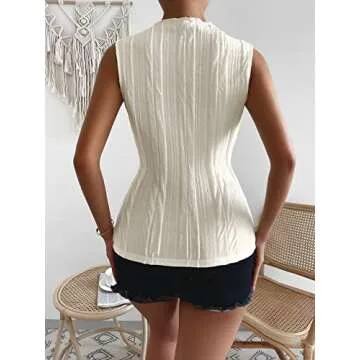 Stylish Verdusa Women's Sleeveless Mock Neck Textured Tank Top in Beige