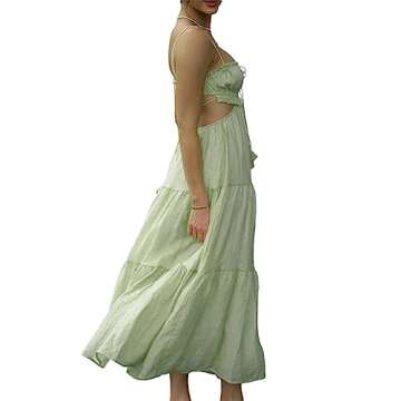 Leyajedol Women Y2k Bodycon Long Dress Spaghetti Strap Low Cut Dress Sexy Backless High Split Maxi Dress Clubwear Z-Green