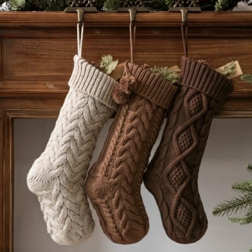 Pawliss Farmhouse Knitted Christmas Stockings: 3 Pack 18 Inch Neutral Cable Knit Fireplace Stockings...