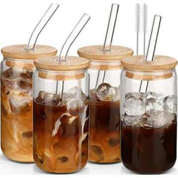 DANWEITESI 4pcs Glass Cup Set with Lids & Straws