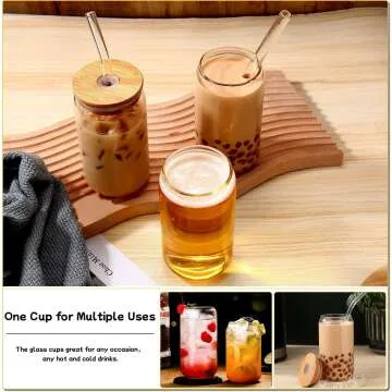 DANWEITESI 4pcs Glass Cup Set with Lids & Straws