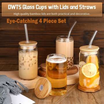 DANWEITESI 4pcs Glass Cup Set with Lids & Straws