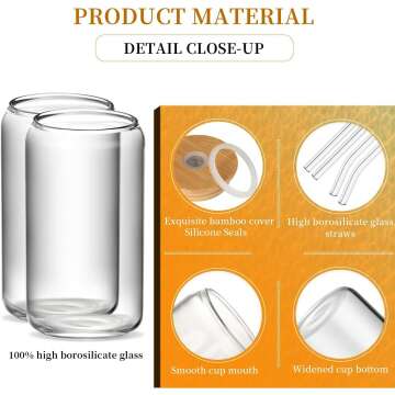 DANWEITESI 4pcs Glass Cup Set with Lids & Straws