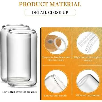 DANWEITESI 4pcs Glass Cup Set with Lids & Straws