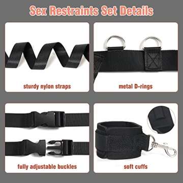 Sex Bondage BDSM Kit Bed Restraints Set, Super Easy Install Sex Rope Adjustable Straps, Sex Toys with Handcuffs Ankle Cuff for Adults Women Couples Game Pleasure (Black)