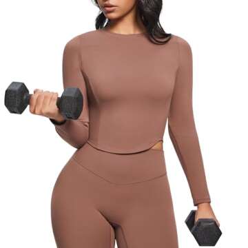 Aoxjox Long Sleeve T-Shirt for Women GEO Seamlines Padded Baby Tee Workout Crop Top with Built-in Bra (Fudge Coffee, X-Small)