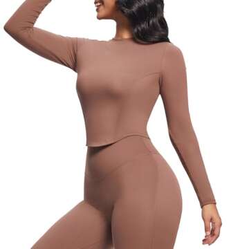 Aoxjox Long Sleeve T-Shirt for Women GEO Seamlines Padded Baby Tee Workout Crop Top with Built-in Bra (Fudge Coffee, X-Small)