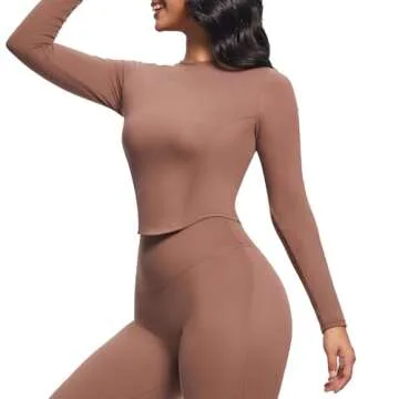 Aoxjox Long Sleeve T-Shirt for Women GEO Seamlines Padded Baby Tee Workout Crop Top with Built-in Bra (Fudge Coffee, X-Small)