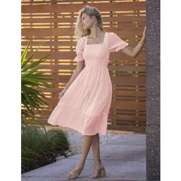 MEROKEETY Women's 2025 Pink Dress Summer Square Neck Flounce Sleeve A Line Pom Pom Midi Dress, Pink, L