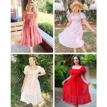 MEROKEETY Women's 2025 Pink Dress Summer Square Neck Flounce Sleeve A Line Pom Pom Midi Dress, Pink, L