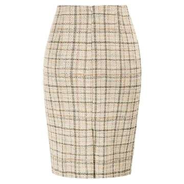 Kate Kasin Women's Business Skirts Tweed Plaid Stretch Bodycon Elastic Waist Knee Length Pencil Skirt Tweed-Antiquewhite M