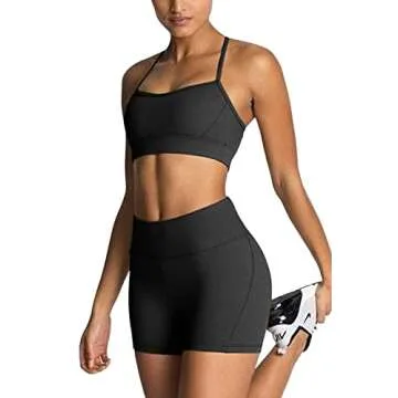 Workout Sets for Women 2 Piece Yoga Outfit: Tracksuits High Waisted Running Biker Shorts with Adjustable Strap Sport Bra Exercise Running Clothes Athletic Gym Sets Matching Active Wear Black Medium