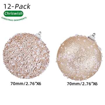 ChrisWish 2.76" Christmas Ball Ornaments,12pcs Champagne Gold Christmas Ball Decorations Shatterproof Plastic Hanging Pearl Balls for Holiday Party