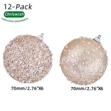 ChrisWish 2.76" Christmas Ball Ornaments,12pcs Champagne Gold Christmas Ball Decorations Shatterproof Plastic Hanging Pearl Balls for Holiday Party