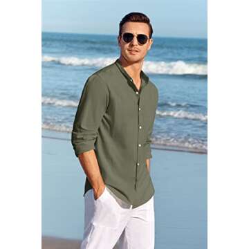 Makkrom Men Linen Shirt Button Down Long Sleeve Cotton Beach Band Collar Casual Summer Shirts