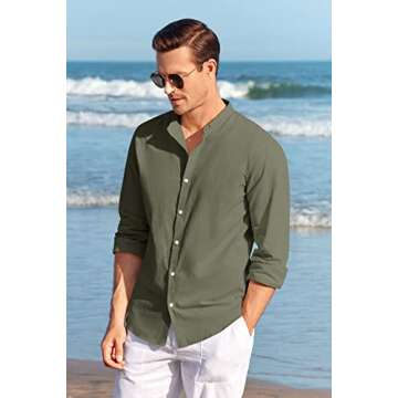 Makkrom Men Linen Shirt Button Down Long Sleeve Cotton Beach Band Collar Casual Summer Shirts