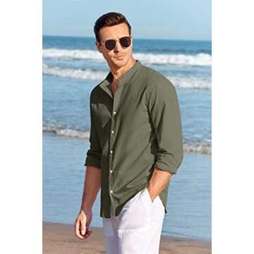 Makkrom Men Linen Shirt Button Down Long Sleeve Cotton Beach Band Collar Casual Summer Shirts