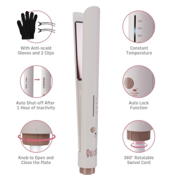 Quico Hair Straightener, 110-240V Global Travel Hair Straighteners for Women, 15s Fast Heating, Professional Negative Ion Flat Iron, Temp Memory, 320℉-450℉, Auto-Off, with Glove and Clips, Gift, Pink
