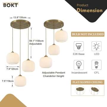 BOKT White Pendant Lights Kitchen Island 3 Light Globe Cluster Pendant Light Large Ribbed Glass Clus...