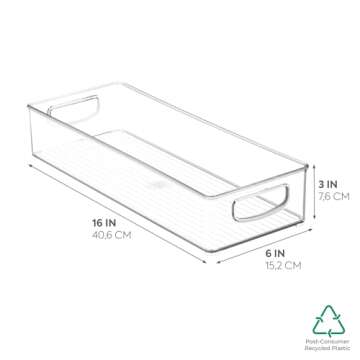 iDesign BPA-Free Plastic Pantry and Kitchen Storage, Freezer and Fridge Organizer Bin with Easy Grip Handles – 16" x 6" x 3", Clear