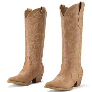Rollda Cowboy Boots for Women - Comfortable Embroidered Knee-High Western Boots